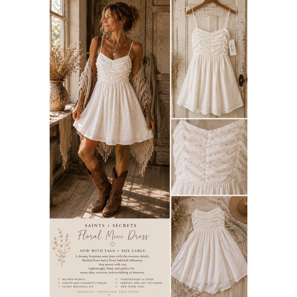 Saints + Secrets NWT White Ruched Lace Up Back Babydoll Mini Dress L Coquette